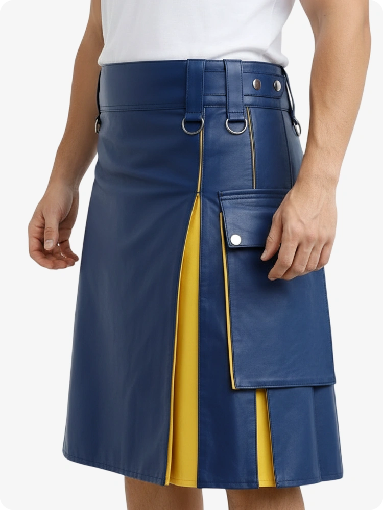Blue and yellow skirt worn by a person on a white background