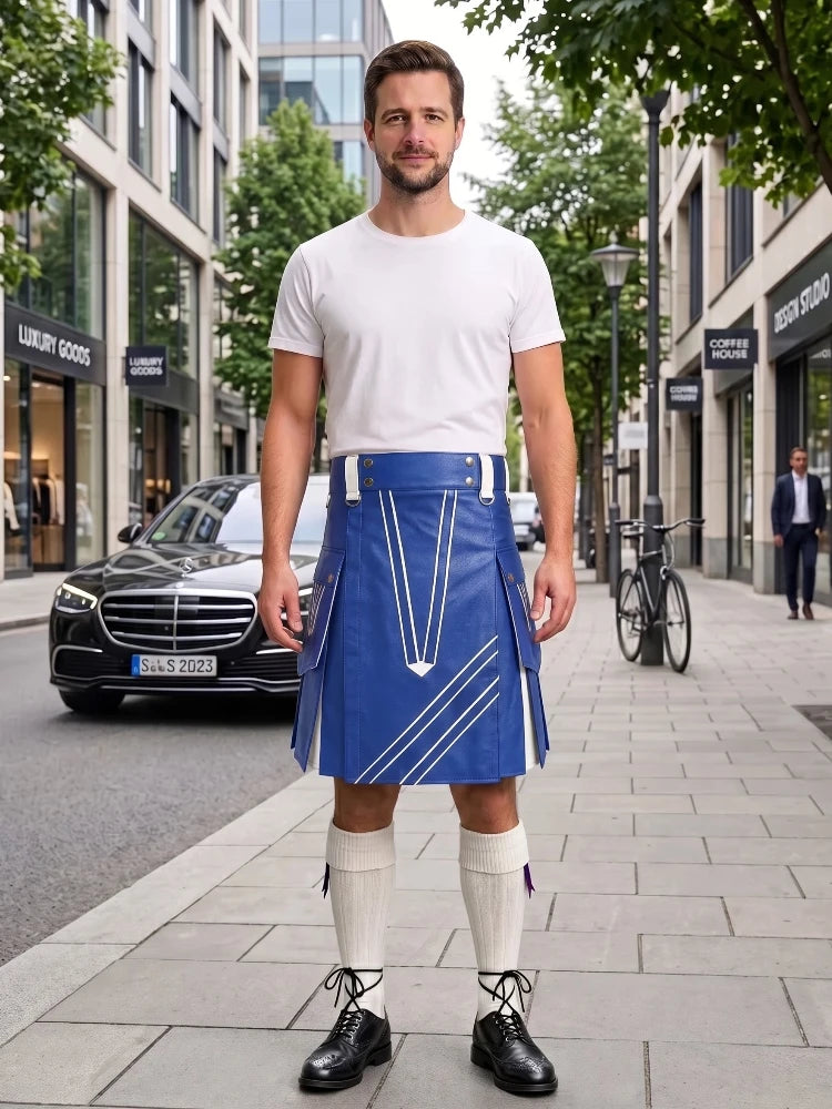 A man stands on a city sidewalk wearing a white crew-neck t-shirt and a blue leather kilt with white geometric piping details, paired with white knee-high socks and black leather shoes.