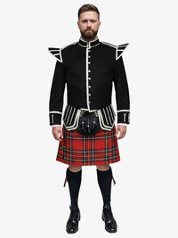Man wearing a black doublet jacket with white trim and a royal stewart tartan kilt on a white background