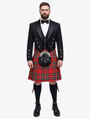 Man wearing a traditional Scottish royal stewart tartan kilt with a black prince charlie jacket and bow tie on a white background