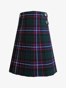 Plaid kilt with green, red, and white pattern on a white background