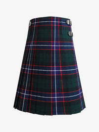 Plaid kilt with green, red, and white pattern on a white background