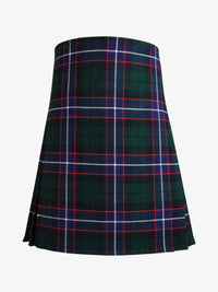 Plaid kilt with green, red, and white pattern on a white background