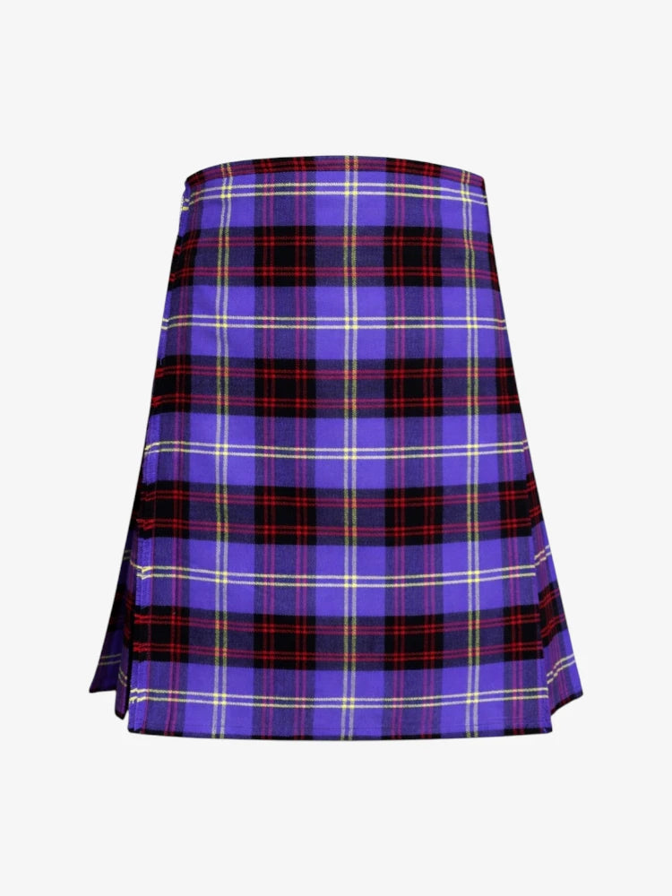 Plaid kilt with purple and red pattern on a white background