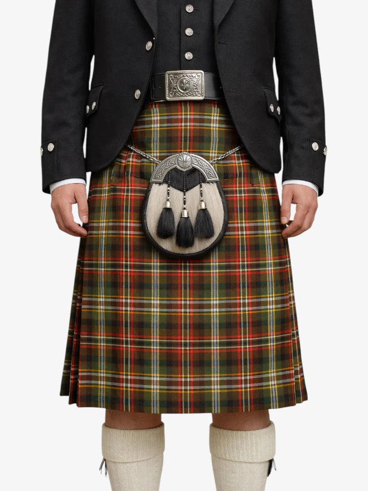 Person wearing a traditional Scottish kilt with a tartan pattern on a white background