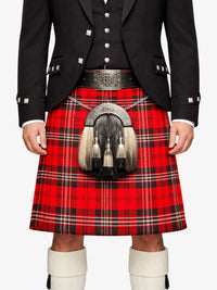 Person wearing a red tartan kilt with a black jacket and white knee-high boots on a white background