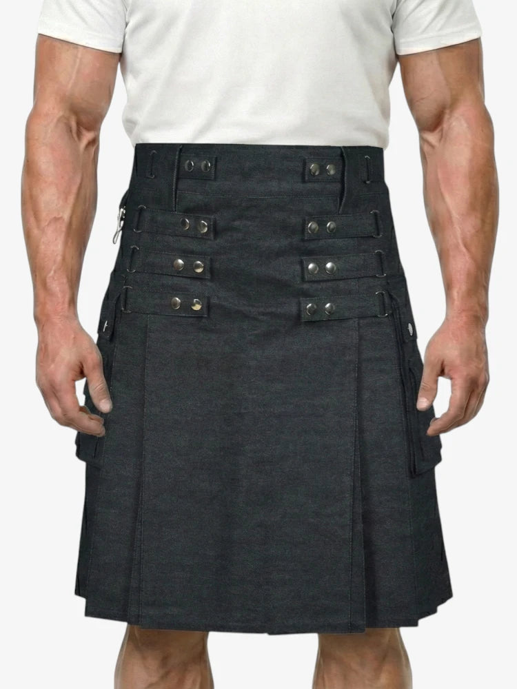 Black kilt with button details worn by a person on a white background