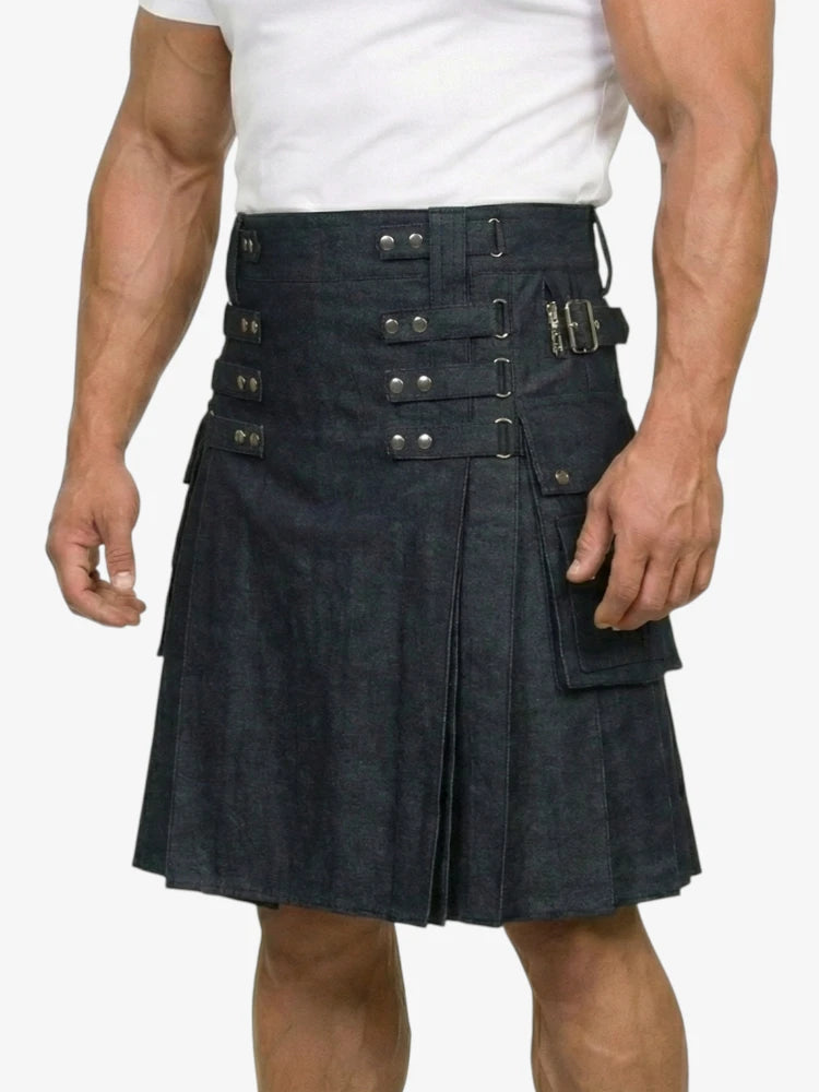 Black kilt with metal buttons worn by a person on a white background