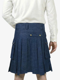 Person wearing a blue kilt with a white shirt on a white background