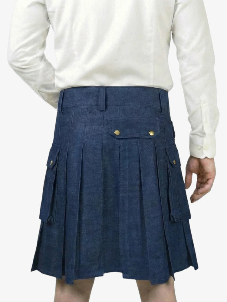 Person wearing a blue kilt with a white shirt on a white background