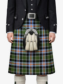Person wearing a traditional Scottish kilt with a sporran on a white background