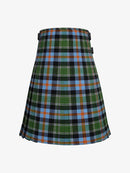 Plaid kilt with green, blue, and orange colors on a white background