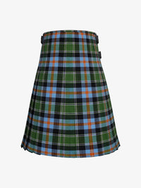 Plaid kilt with green, blue, and orange colors on a white background