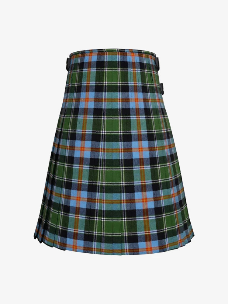 Plaid kilt with green, blue, and orange colors on a white background
