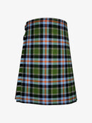 Plaid kilt with green, black, and blue pattern on a white background