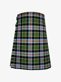 Plaid kilt with green, black, and blue pattern on a white background