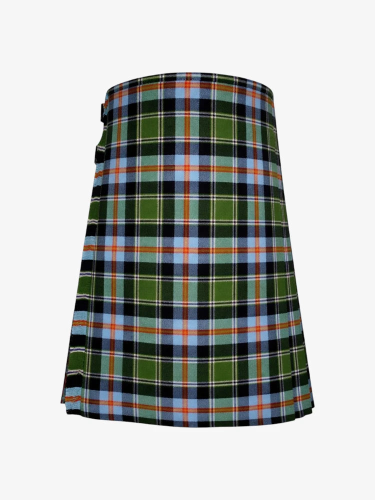 Plaid kilt with green, black, and blue pattern on a white background