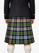 Person wearing a black jacket and green plaid kilt on a white background
