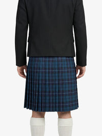 Person wearing a black jacket and blue plaid kilt on a white background