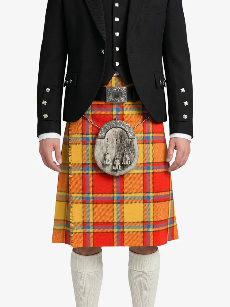 Person wearing a traditional Scottish kilt with a tartan pattern on a white background