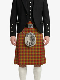 Person wearing a traditional Scottish kilt with a matching jacket on a white background