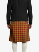 Person wearing a black jacket and red plaid skirt on a white background