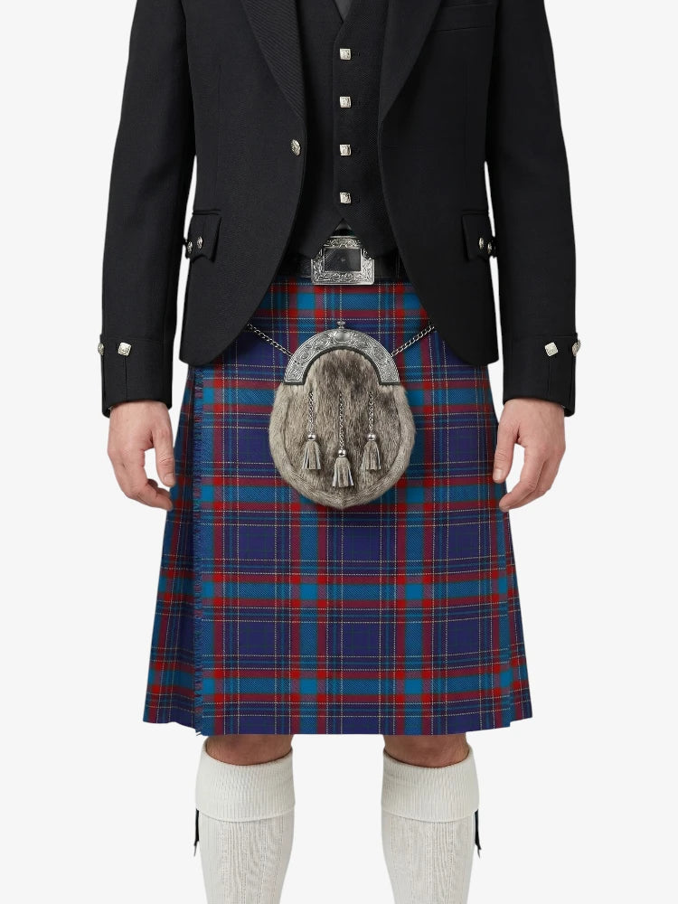 Person wearing a traditional Scottish kilt with a tartan pattern on a white background