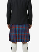 Person wearing a black coat and blue plaid kilt on a white background