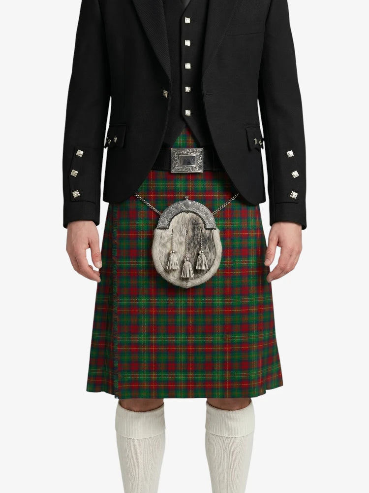 Person wearing a traditional Scottish kilt with a prominent tartan pattern on a white background