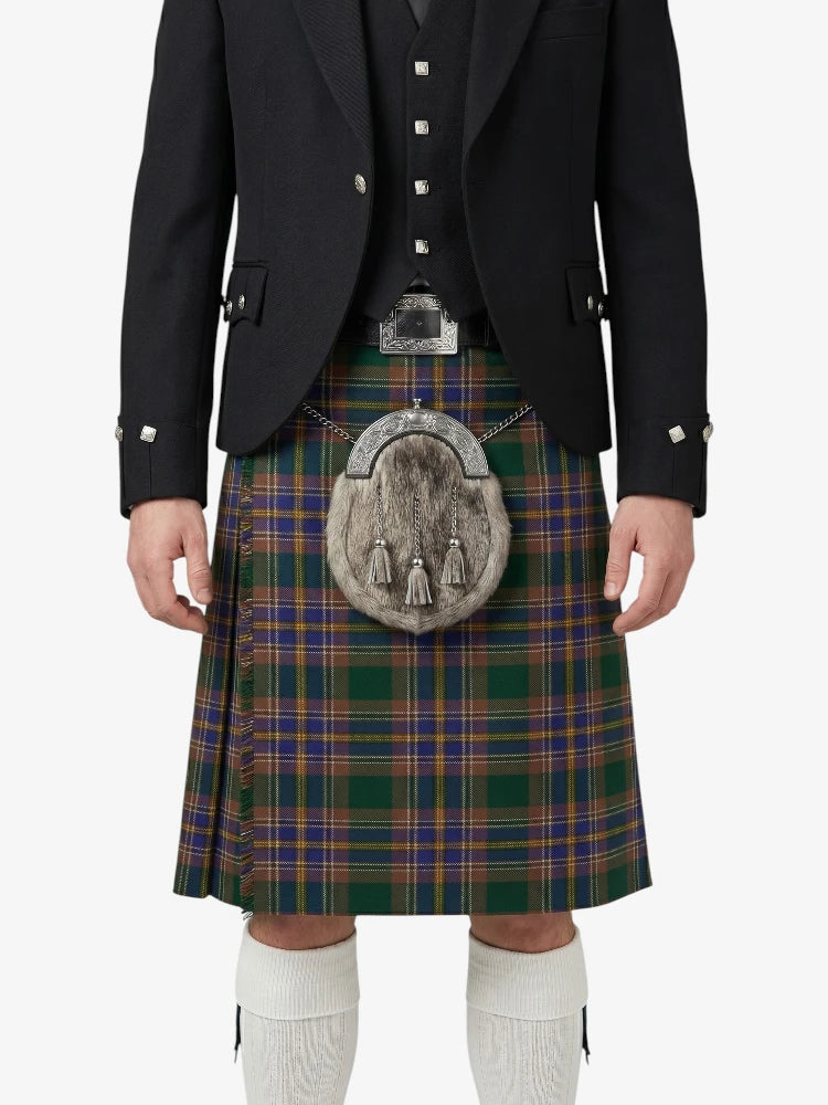 Person wearing a traditional Scottish kilt with a tartan pattern on a white background
