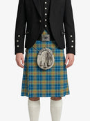 Person wearing a black jacket, blue plaid kilt, and white knee-high socks on a white background