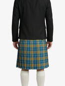 Person wearing a black jacket and blue plaid kilt on a white background