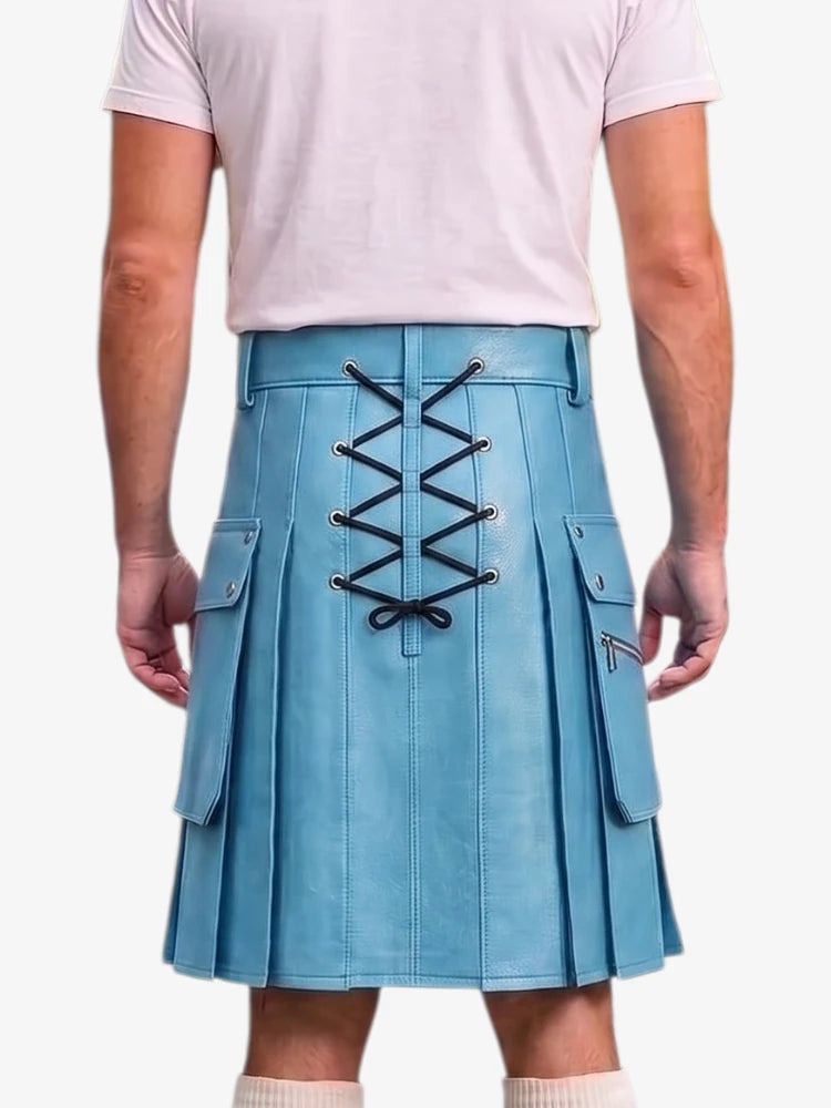A person shown from the back wearing a light blue pleated kilt with black lace-up detailing down the center and side flap pockets, paired with a pale pink T-shirt and light socks against a plain light background.