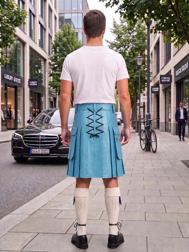 A man standing on a city sidewalk, photographed from behind, wearing a light blue pleated kilt with black lace-up detailing at the back, a white t-shirt, white knee-high socks, and black shoes. Buildings, trees, a black Mercedes, and a bicycle are visible in the background.