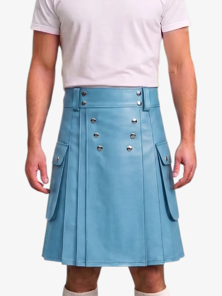 A person wearing a light blue faux-leather kilt with silver-tone double-breasted buttons and side flap pockets, paired with a pale pink t-shirt against a light gray background.