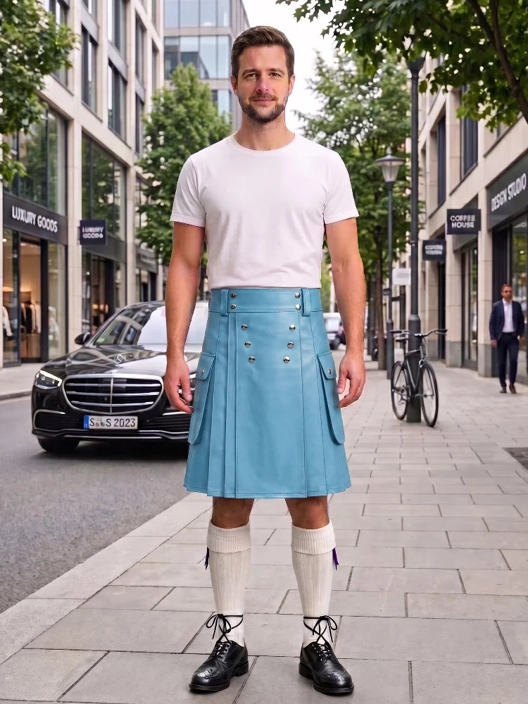 A man stands on a city sidewalk wearing a light blue pleated kilt with silver buttons, a white t-shirt, white knee-high socks, and black shoes. Buildings, trees, and parked cars are visible in the background.