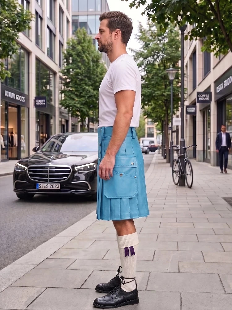 A man standing on a city sidewalk wearing a light blue kilt, white t-shirt, white socks, and black shoes, with buildings, trees, and a parked black car in the background.