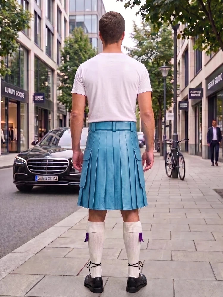 Sky Blue Leather Kilt For Men Tactical Utility Kilts