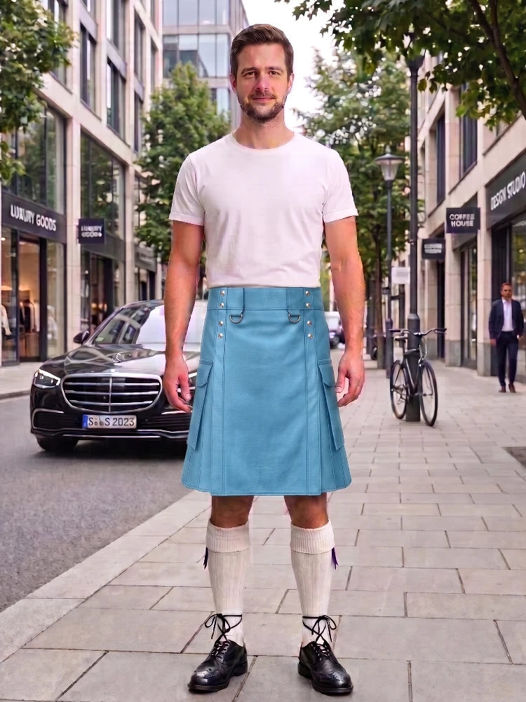 Sky Blue Leather Kilt For Men Tactical Utility Kilts