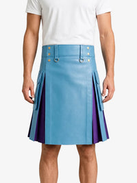 Sky Blue Leather Kilt With Purple Pleat