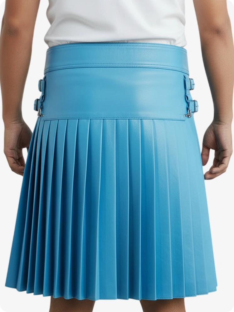 SKy Blue Leather skirt with a front pocket on a white background