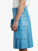 SKy Blue Leather skirt with a front pocket on a white background