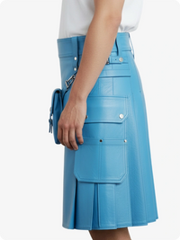 SKy Blue Leather skirt with a front pocket on a white background