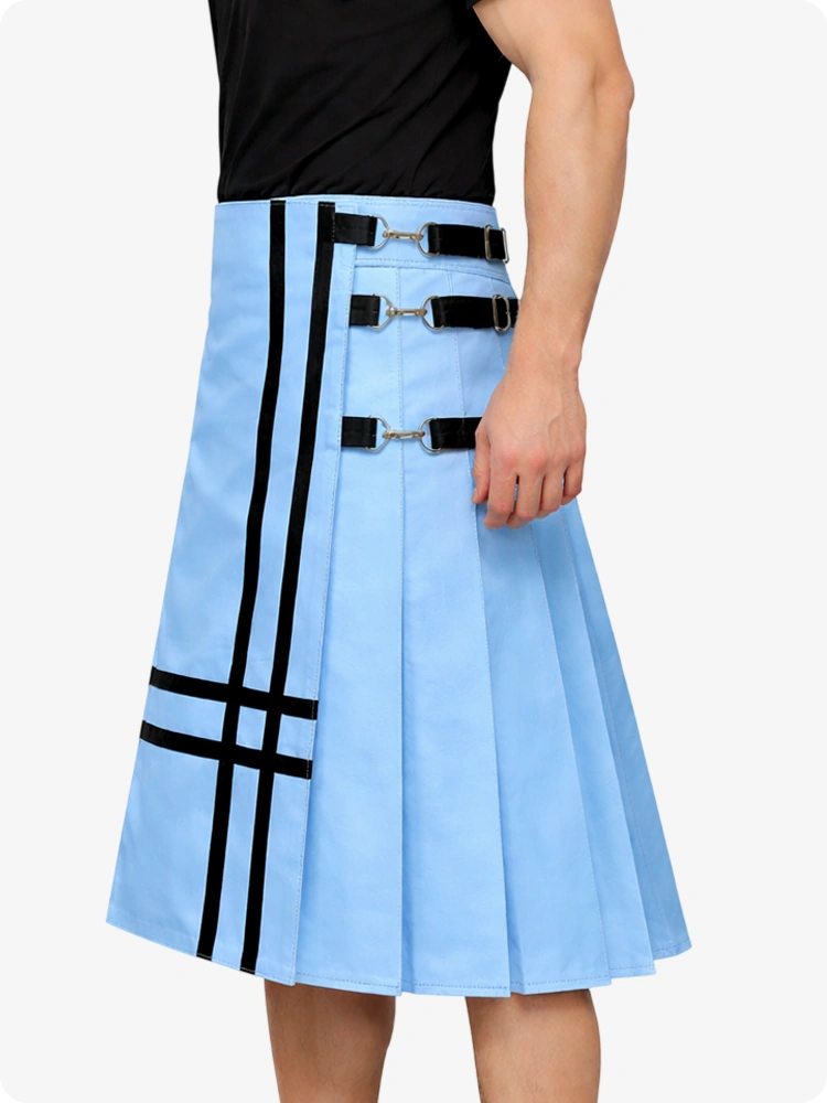 Sky blue skirt with black straps and buckles on a white background