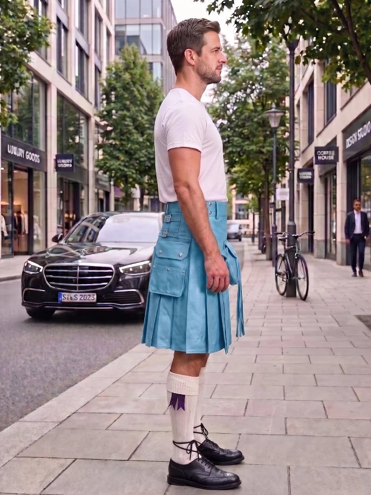 A man standing on a city sidewalk wearing a light blue leather kilt, a white t-shirt, white knee-high socks, and black leather shoes. The background shows a street with a black Mercedes-Benz car, trees, and storefronts.