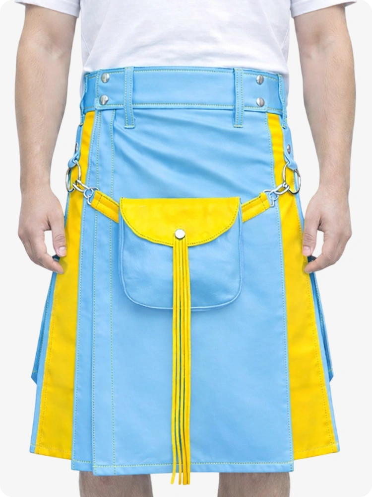 Sky Blue Leather Utility Kilt with Yellow Accents & Detachable Pockets