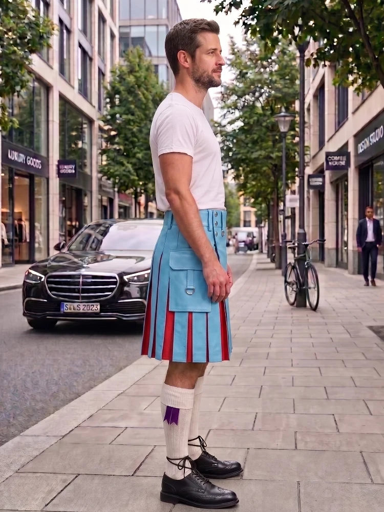 A man standing on a city sidewalk wearing a light blue pleated kilt with red and purple stripe details, a white t-shirt, white knee-high socks, and black leather shoes. A black Mercedes-Benz car and a bicycle are parked on the street behind him.