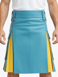 Teal and yellow kilt worn by a person on a white background