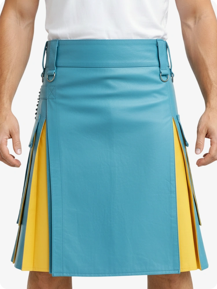 Teal and yellow kilt worn by a person on a white background