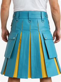 Person wearing a blue and yellow kilt on a white background